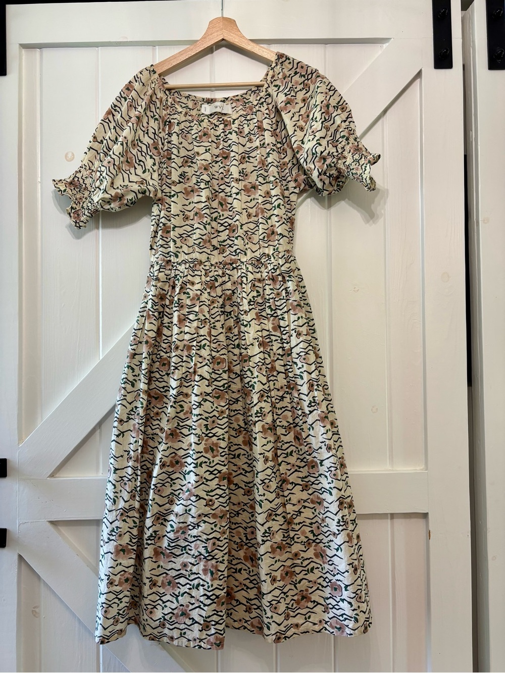 WVN Organic Cotton Floral Puff Sleeve Midi Dress Cream Pocket Cottage-core S - Picture 2 of 12